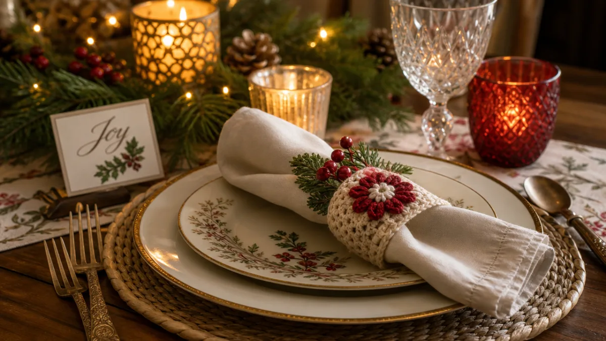a cozy holiday table setting with crochet napkin rings beside elegant dinnerware,…