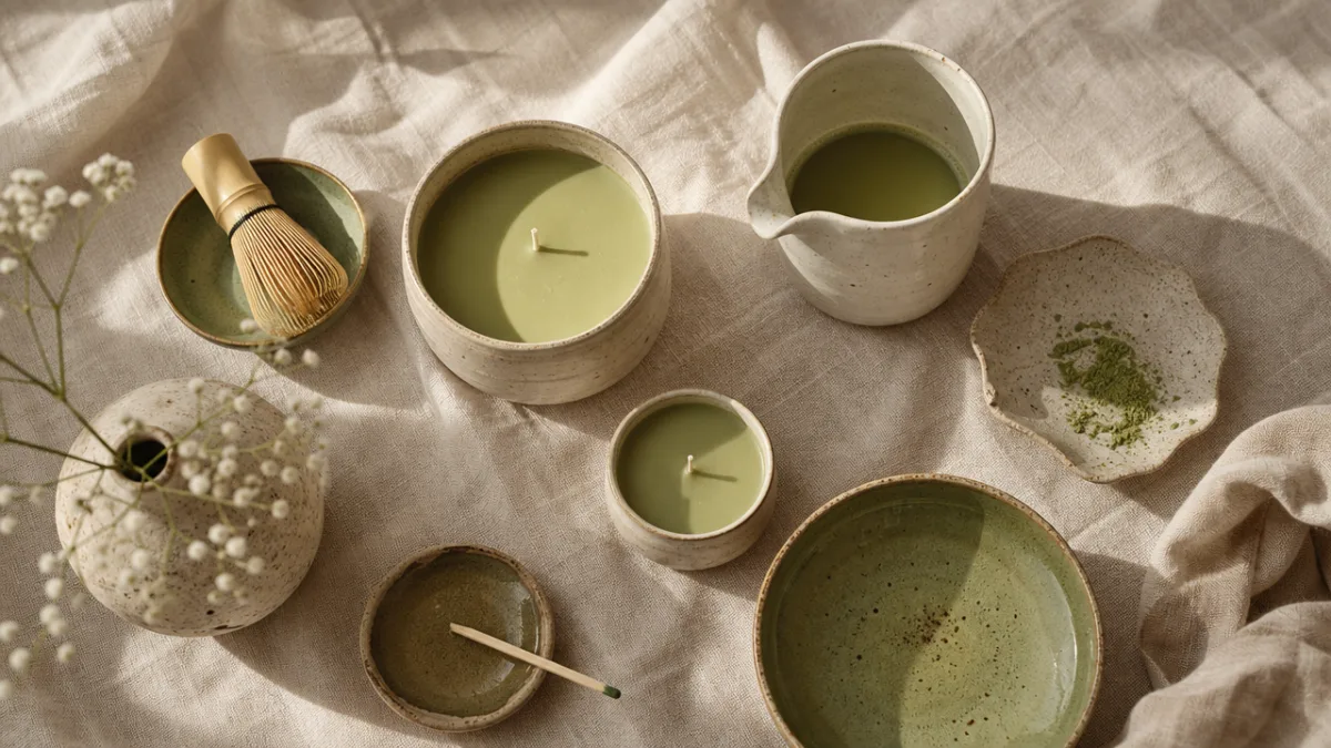 a flat lay of matcha candles and ceramic vessels on a linen…