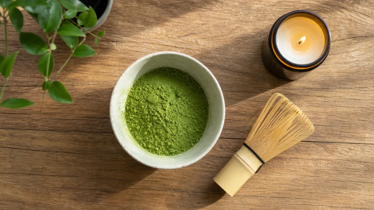 an aerial view of matcha powder, a whisk, and a lit candle…