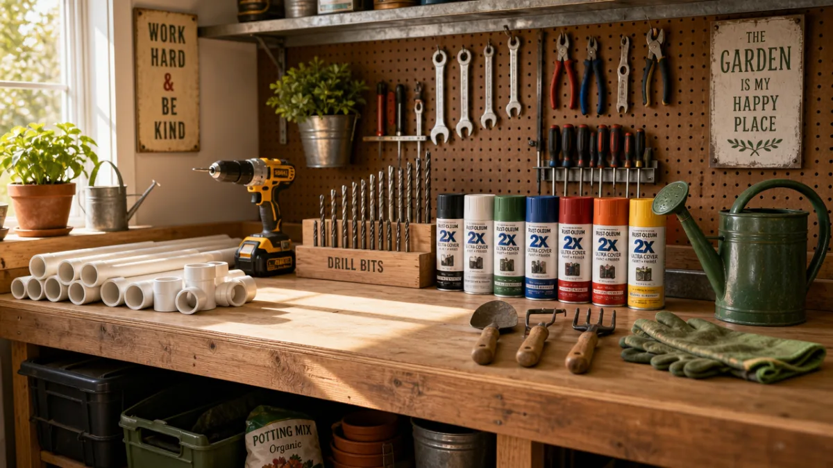 a sunlit garage workbench with PVC pipes, drill bits, spray paint cans,…