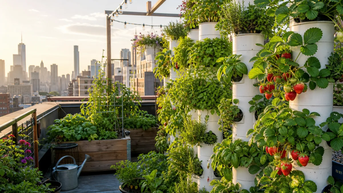 a lush rooftop vertical garden with PVC pipe towers overflowing with herbs…