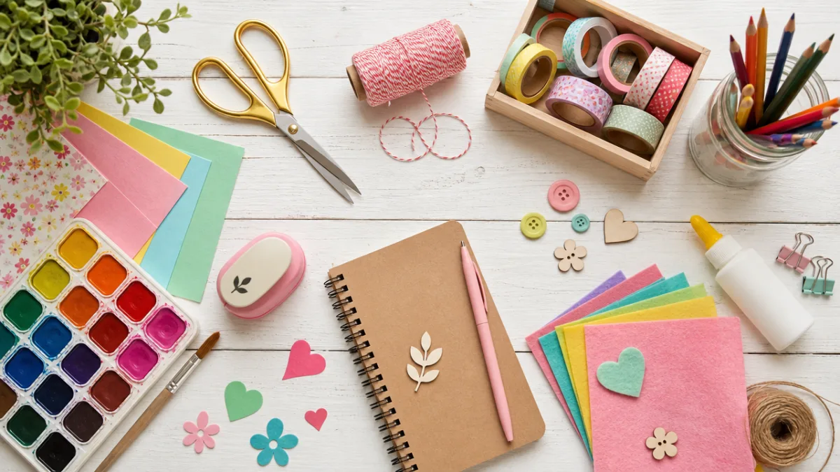a flat lay of colorful craft supplies on a white wooden table,…