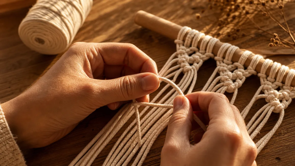 close-up of hands working with macrame cord on a wooden table, warm…