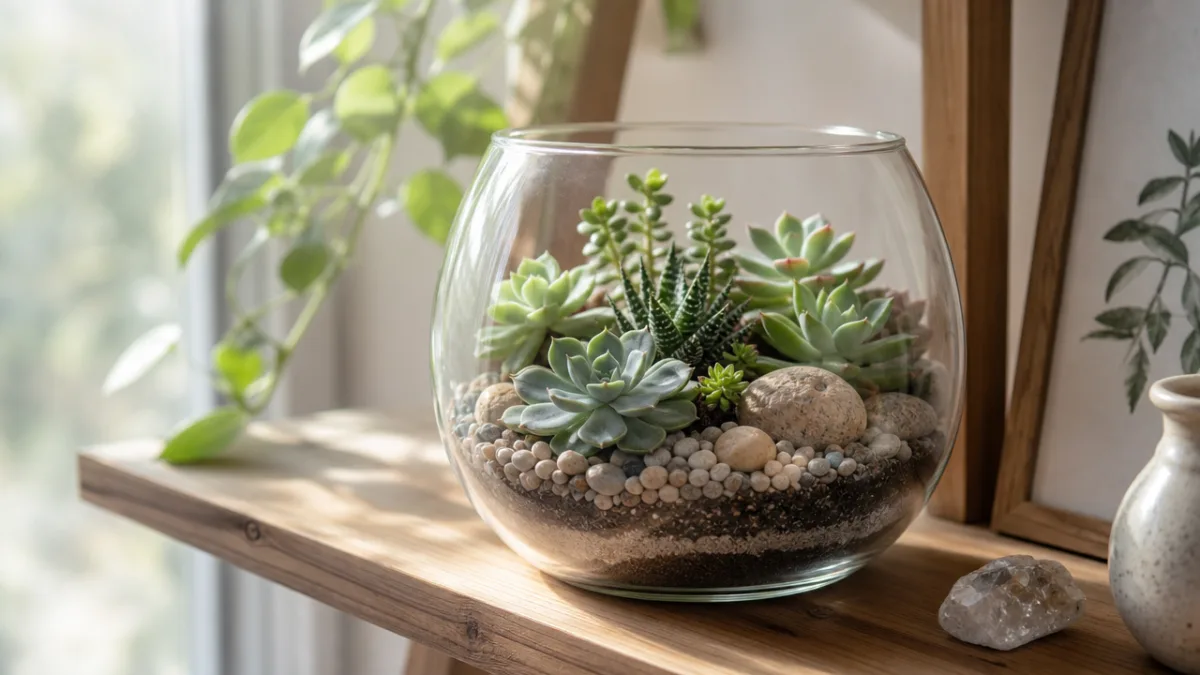 a glass terrarium with succulents and pebbles on a wooden shelf, soft…