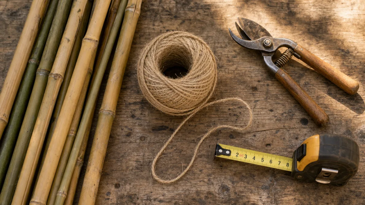 a flat lay of bamboo canes, natural jute twine, pruning shears and…