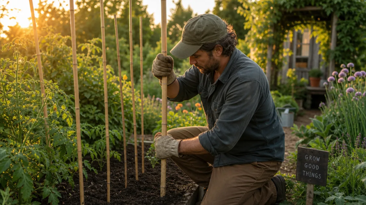 a gardener in gloves driving bamboo uprights into a garden bed surrounded…