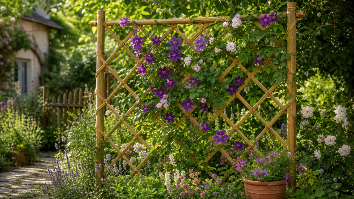 a finished woven bamboo garden trellis covered in flowering vines, dappled sunlight…