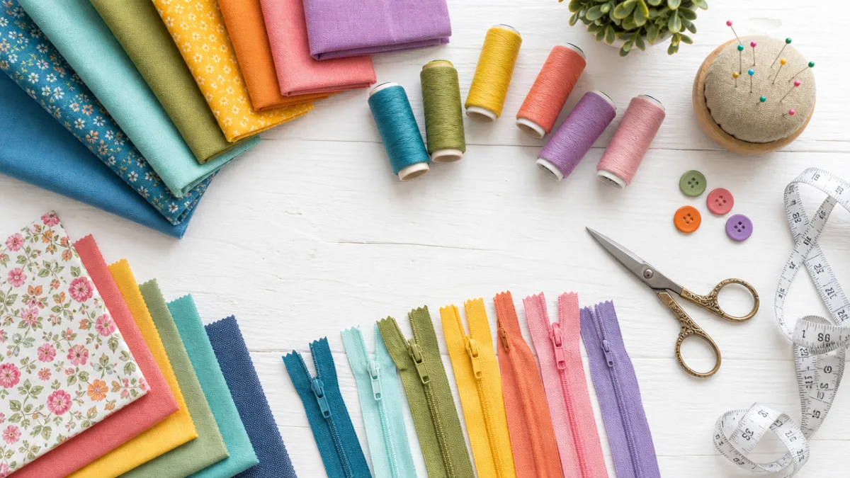 flat lay of colorful fabric swatches, zippers, thread spools, and sewing tools…