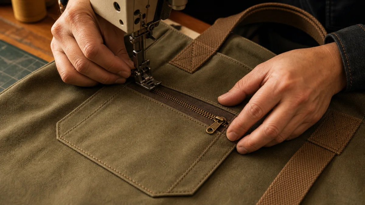 close-up of hands sewing a zippered pocket onto a canvas tote bag,…