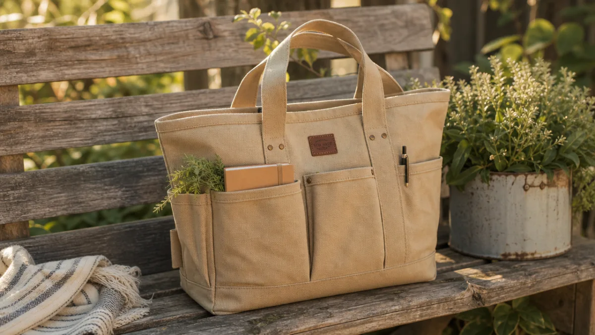 finished multi-pocket canvas tote bag displayed on a rustic wooden bench, soft…
