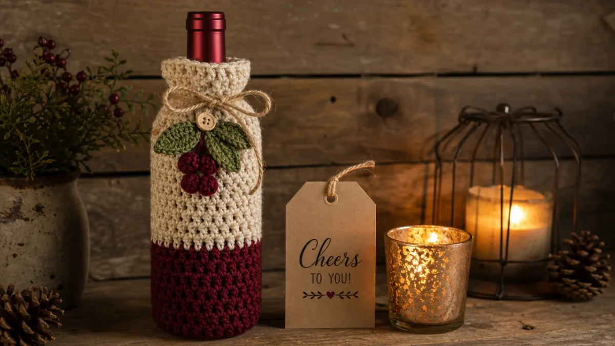 a handmade crochet wine bottle cover on a bottle next to a…