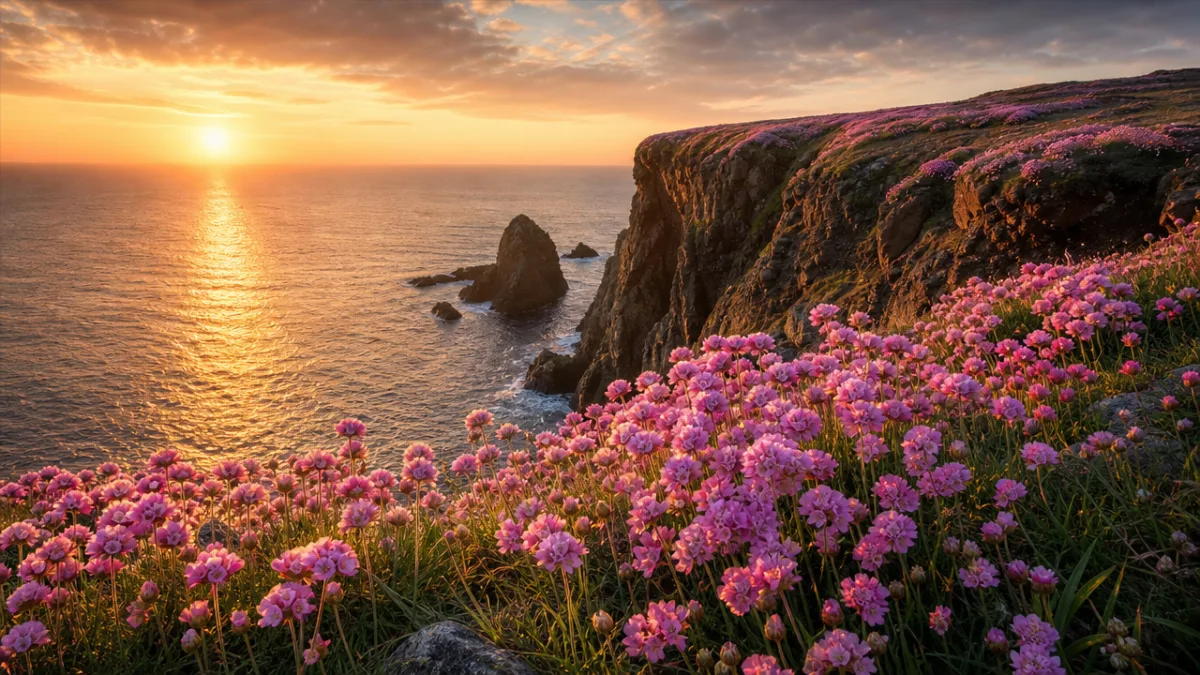a dramatic coastal cliff edge covered in blooming pink Sea Thrift flowers,…