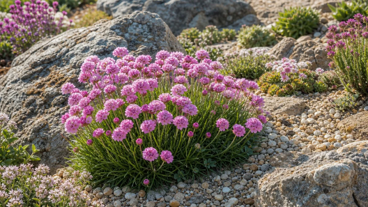 a sunlit rock garden with blooming pink Armeria maritima cushions surrounded by…
