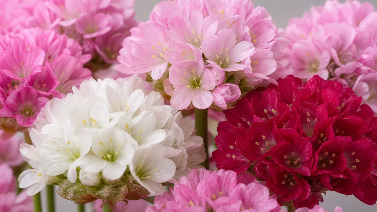 a close-up of multiple Armeria maritima cultivar flower heads in pink white…