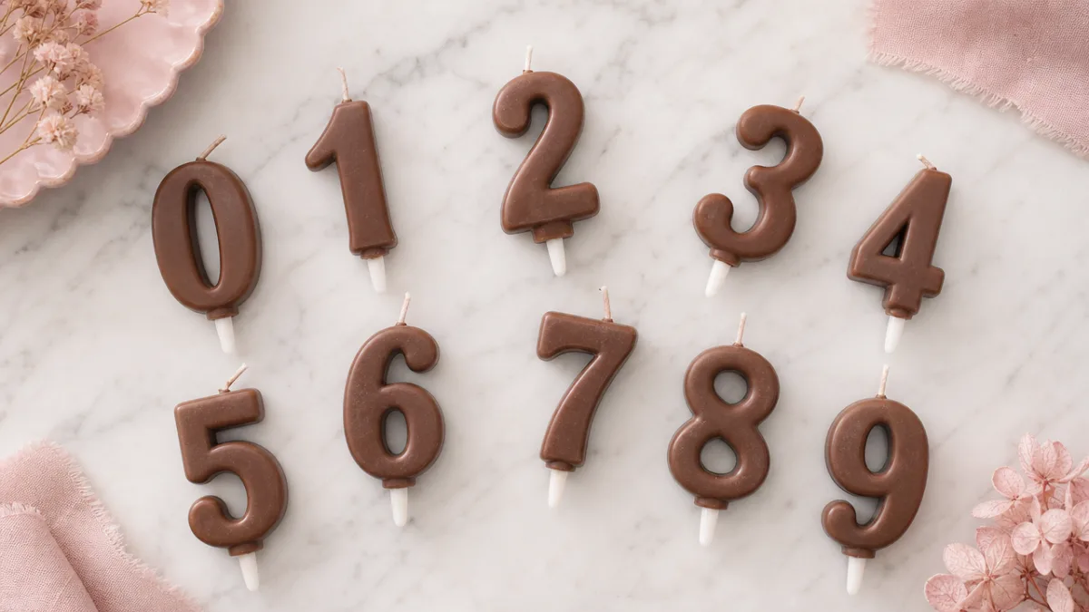 an overhead flat lay of multiple chocolate number candles arranged on a…