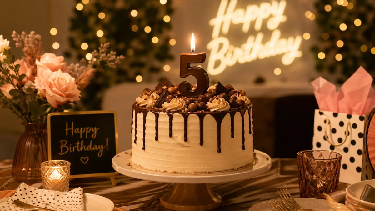 a styled birthday party table with a decorated cake topped with a…