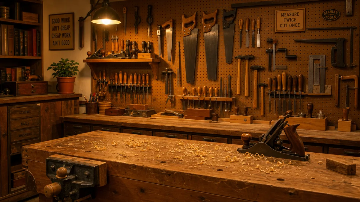 a well-organized woodworking workshop with hand tools on pegboard and sawdust on…