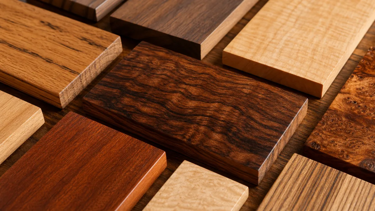 close-up of various wood grain samples arranged on a table, warm studio…