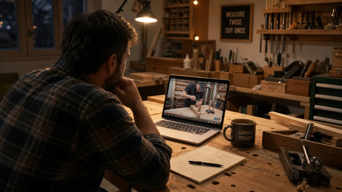 person watching woodworking tutorial video on laptop in a home workshop, soft…