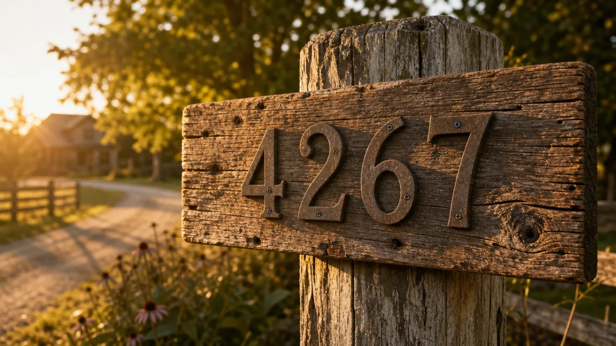 a rustic reclaimed wood address sign mounted on a weathered post, warm…