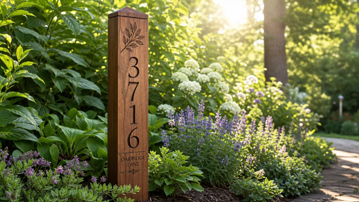 a tall engraved hardwood address stake in a lush garden setting, morning…