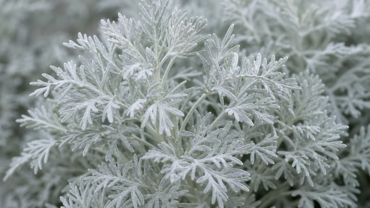 close-up of Silver Mound Artemisia foliage with soft diffused natural light highlighting…
