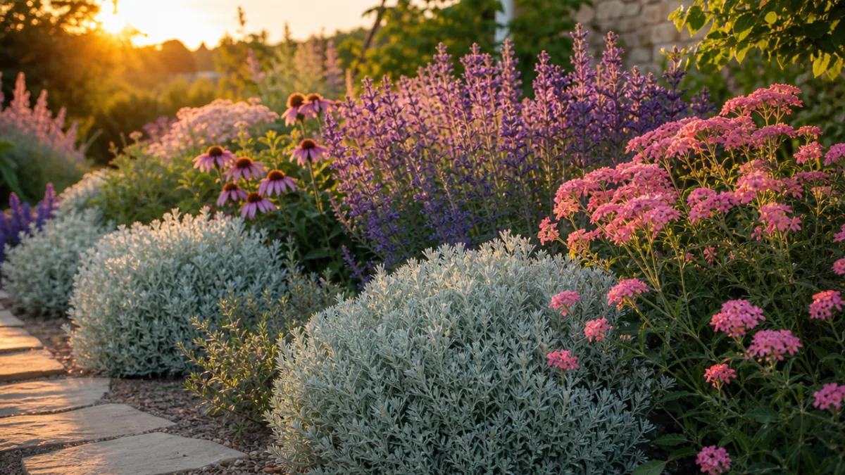 a lush garden border with Silver Mound Artemisia alongside purple salvia and…