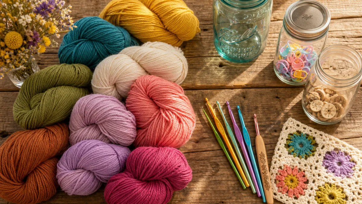 a flat lay of colorful cotton yarn skeins, crochet hooks, and mason…