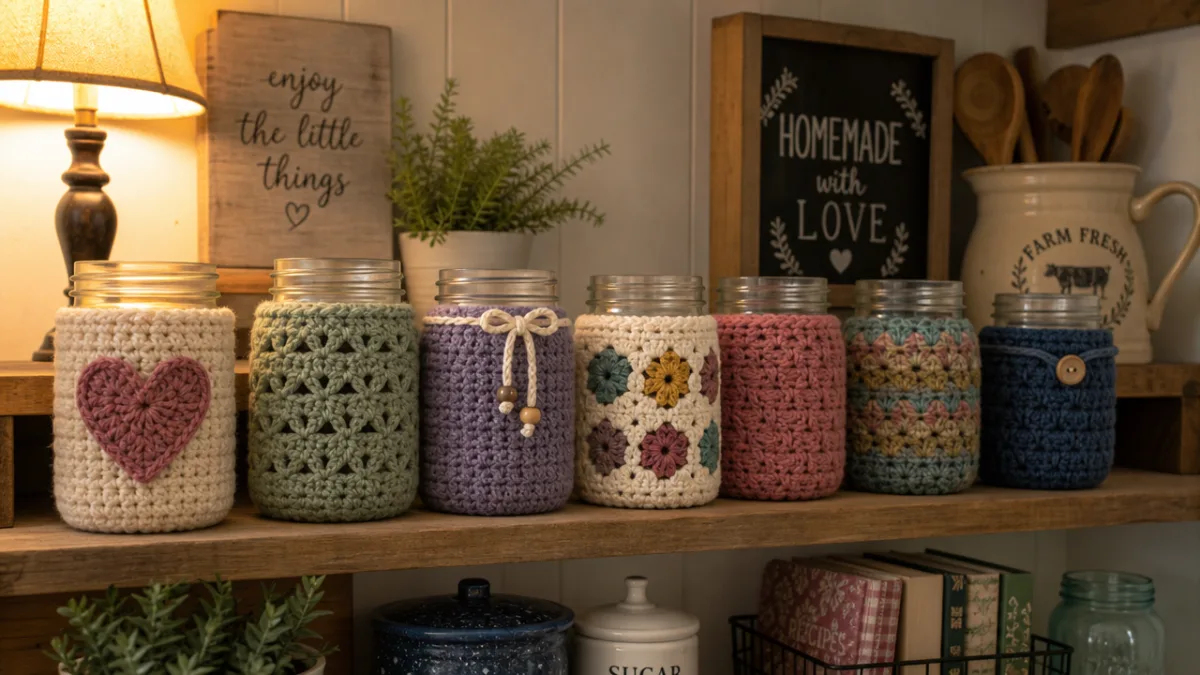 a cozy kitchen shelf displaying mason jar crochet cozies in various styles…