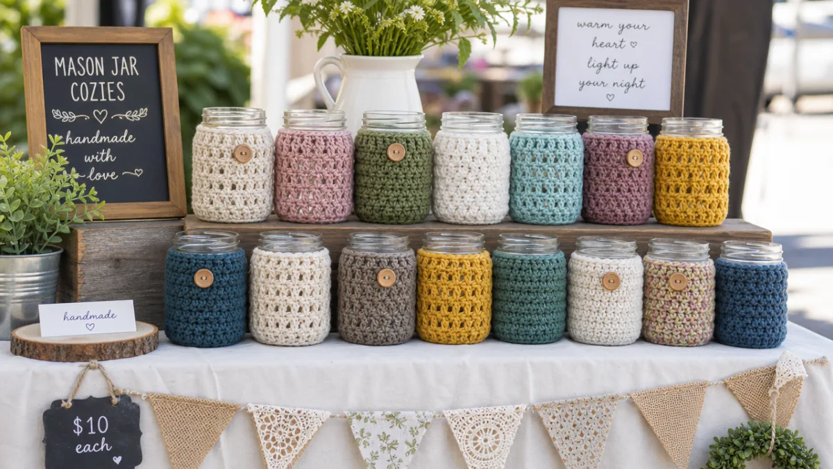 a beautifully styled craft fair table displaying handmade mason jar cozies in…