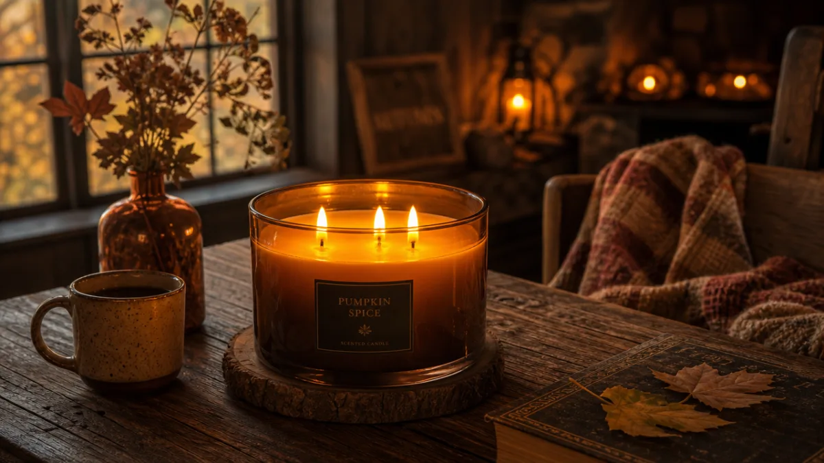 a rustic wooden table with a large three-wick candle glowing warmly, amber…