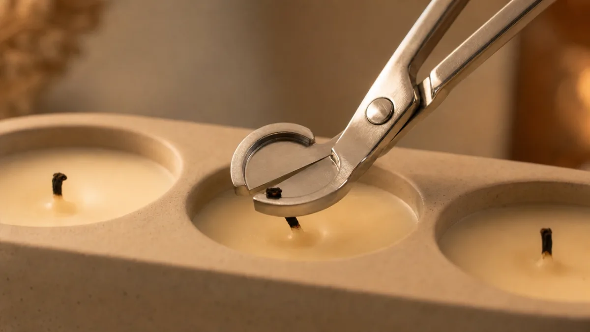 close-up of three candle wicks being trimmed with a silver wick trimmer,…