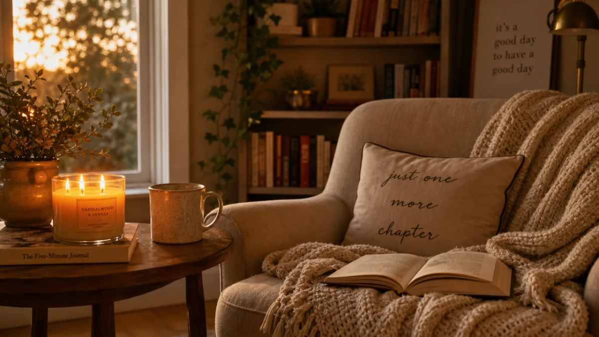 a cozy reading nook with a glowing three-wick candle on a side…