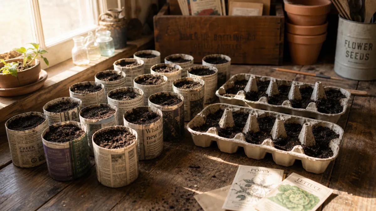 a rustic wooden table covered with newspaper cups and egg cartons filled…