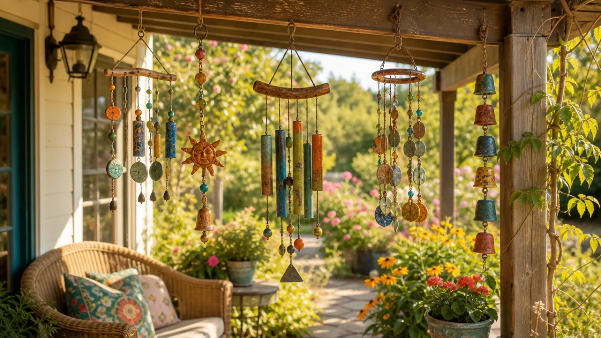 a sunlit garden porch with colorful handmade wind chimes hanging from a…