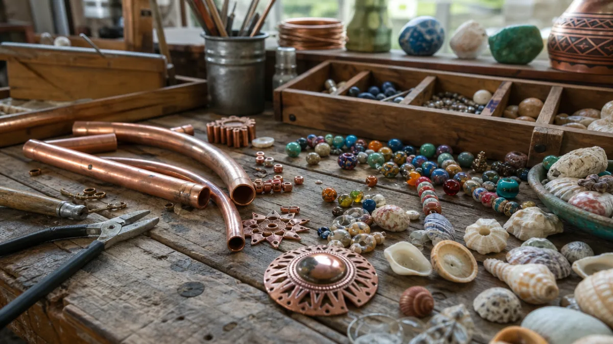 a rustic wooden workbench covered with copper tubing, shells, colorful beads, and…