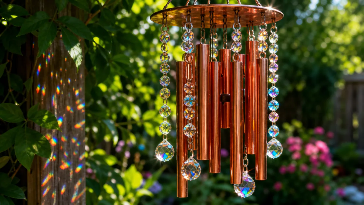 a close-up of a gleaming copper pipe wind chime with crystal beads…