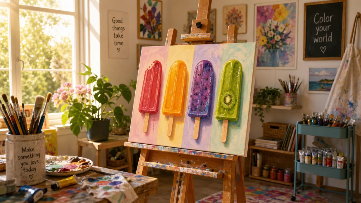 a cheerful artist's studio with completed popsicle paintings on an easel, warm…
