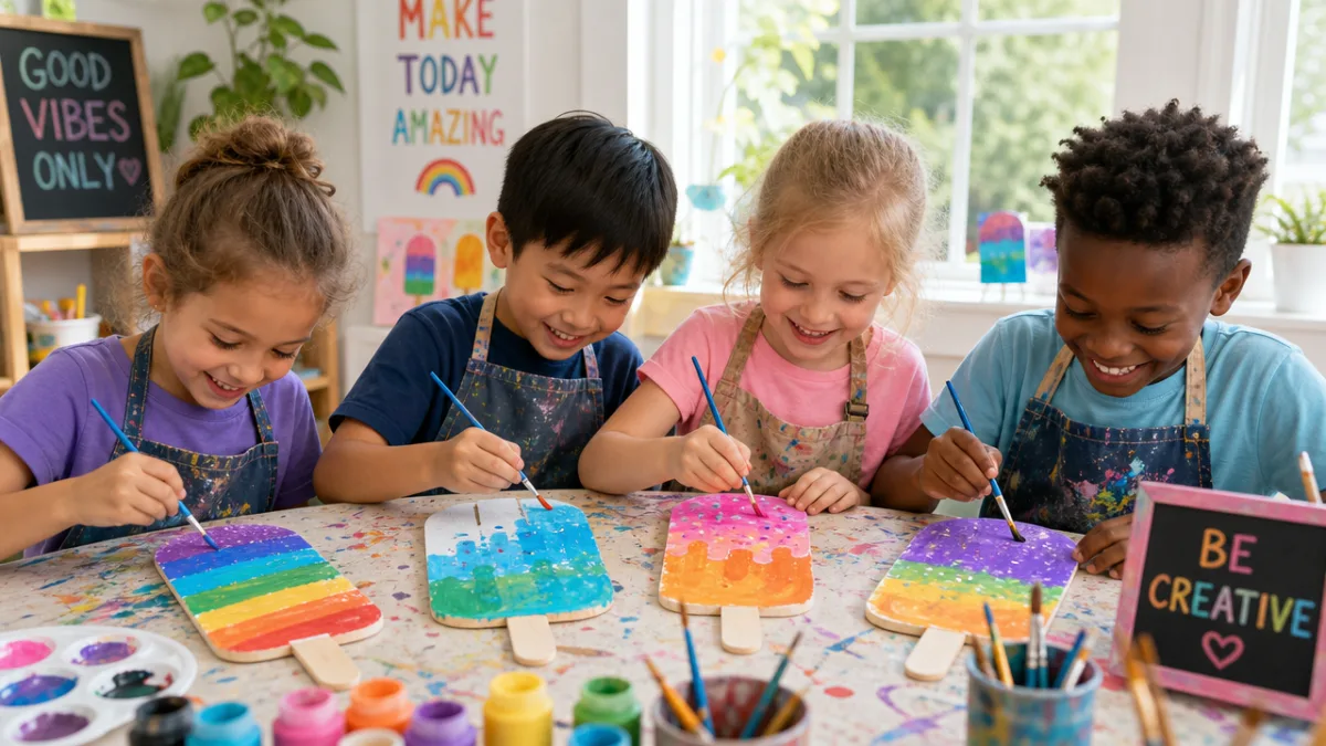 children painting colorful popsicle art at a craft table, bright natural light,…