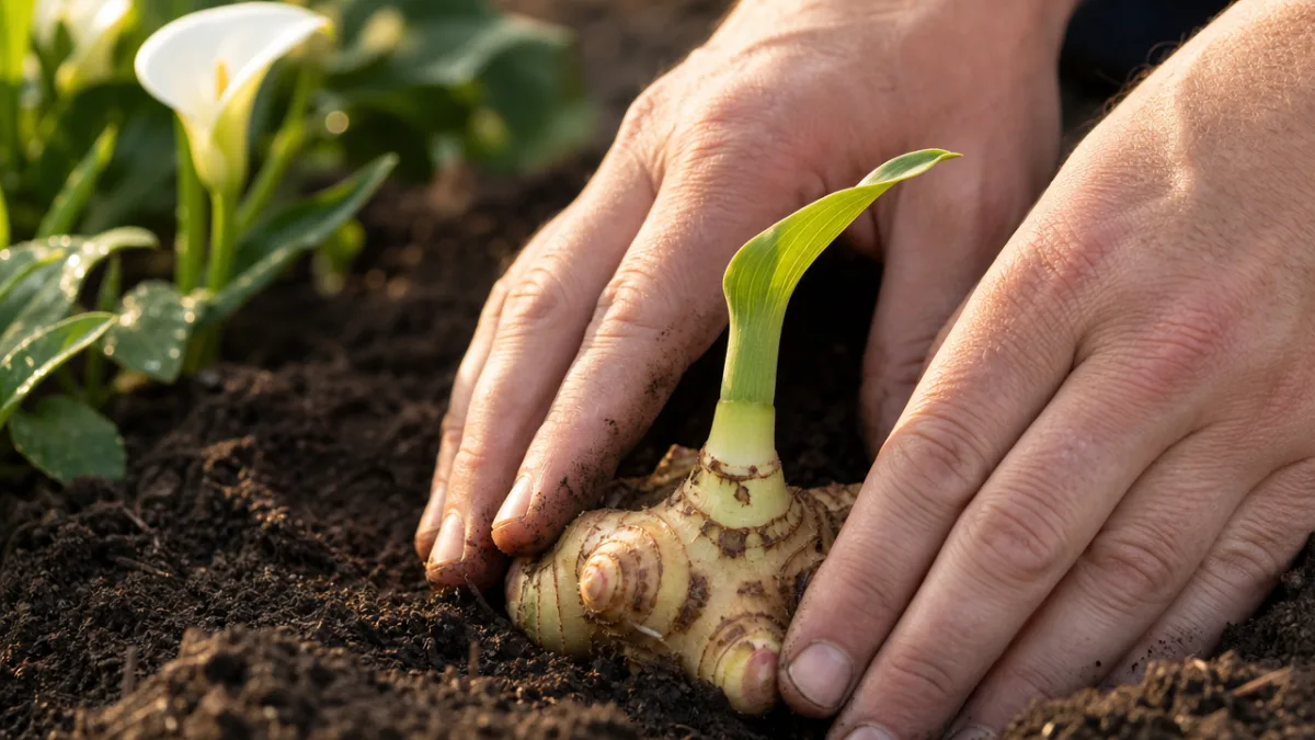 hands gently pressing a calla lily rhizome into dark rich garden soil,…