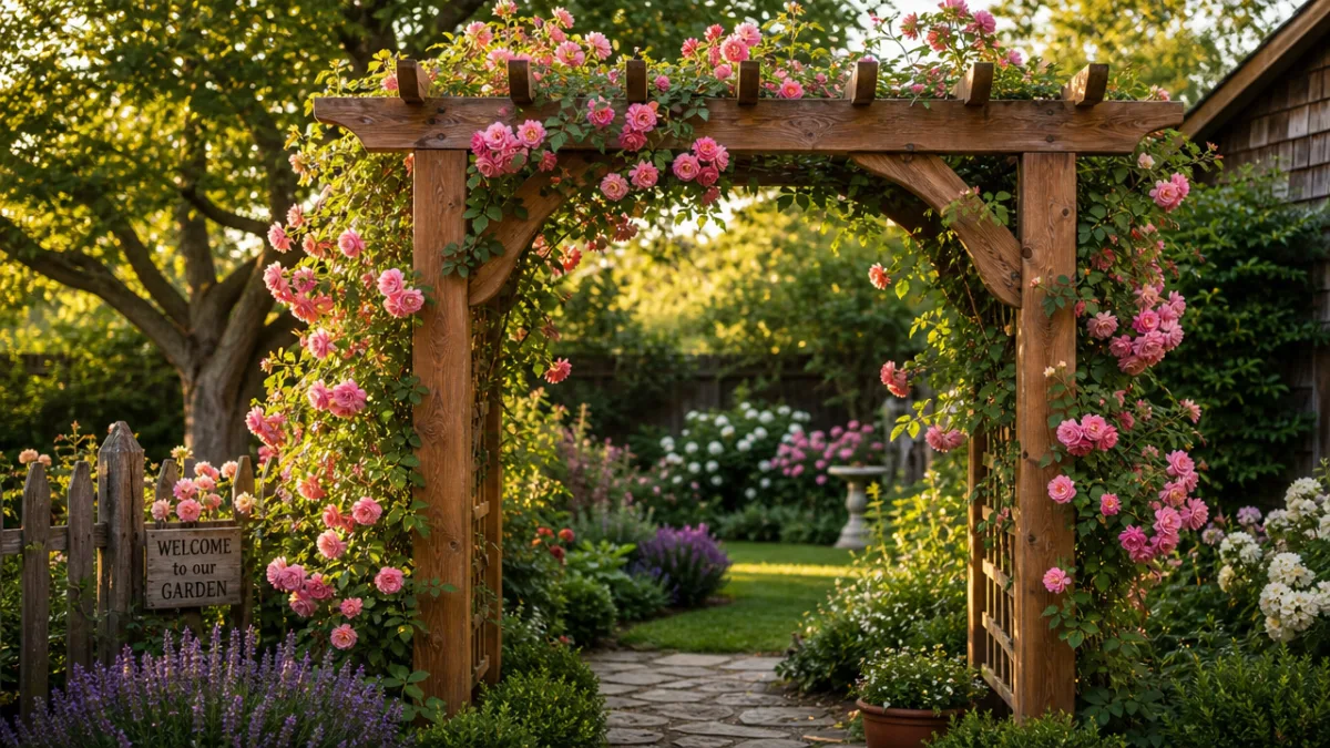 a rustic cedar wood garden arbor covered in climbing roses in a…