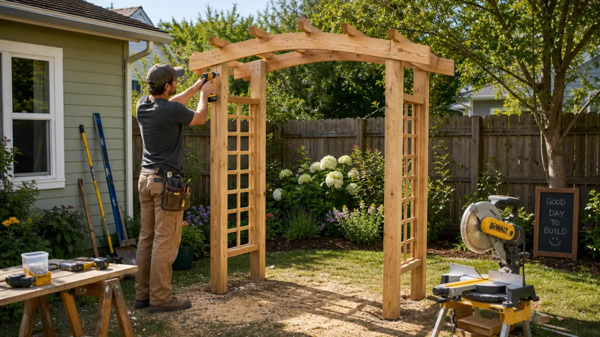 a person building a wooden garden arbor frame in a sunny backyard,…