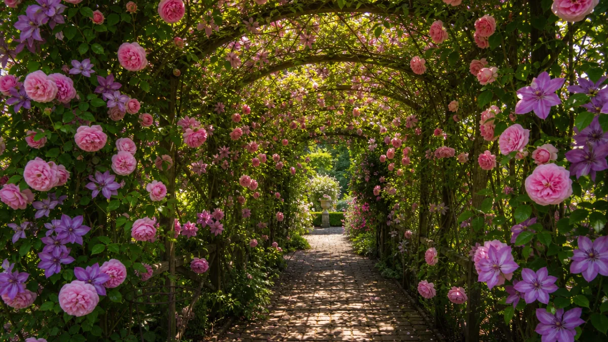 a fully mature garden arbor covered in blooming pink roses and clematis,…