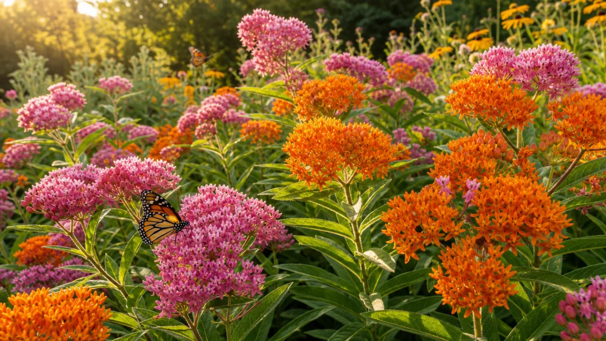 a sunlit garden bed bursting with orange and pink milkweed blooms, warm…