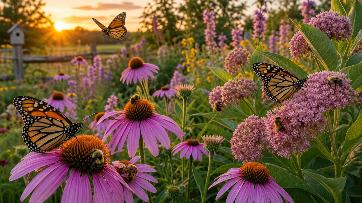 a lush pollinator garden with monarchs and bees among purple coneflowers and…
