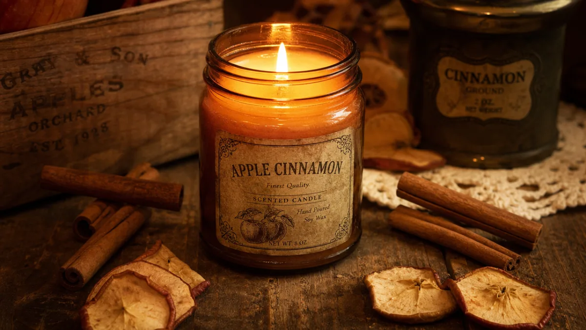 a vintage jar candle on a rustic wooden table surrounded by cinnamon…