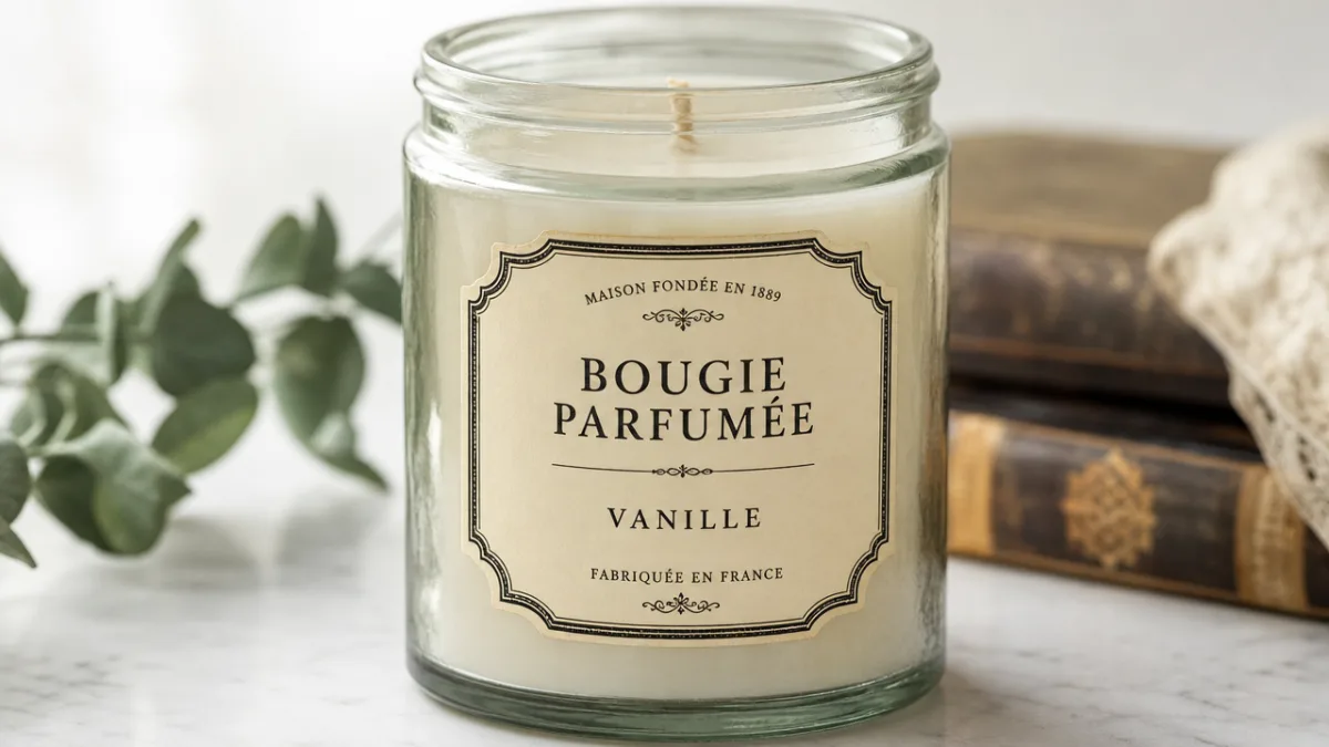 a close-up of an antique glass jar candle with a pristine cream-colored…