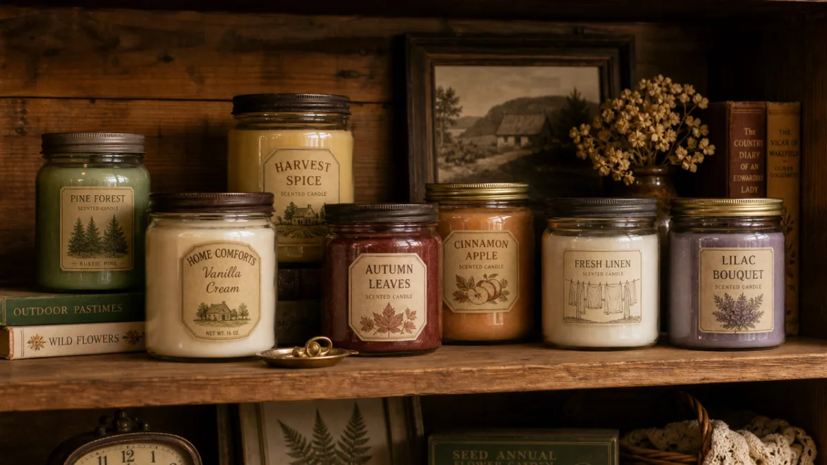 a curated collection of vintage jar candles arranged on a wooden shelf…