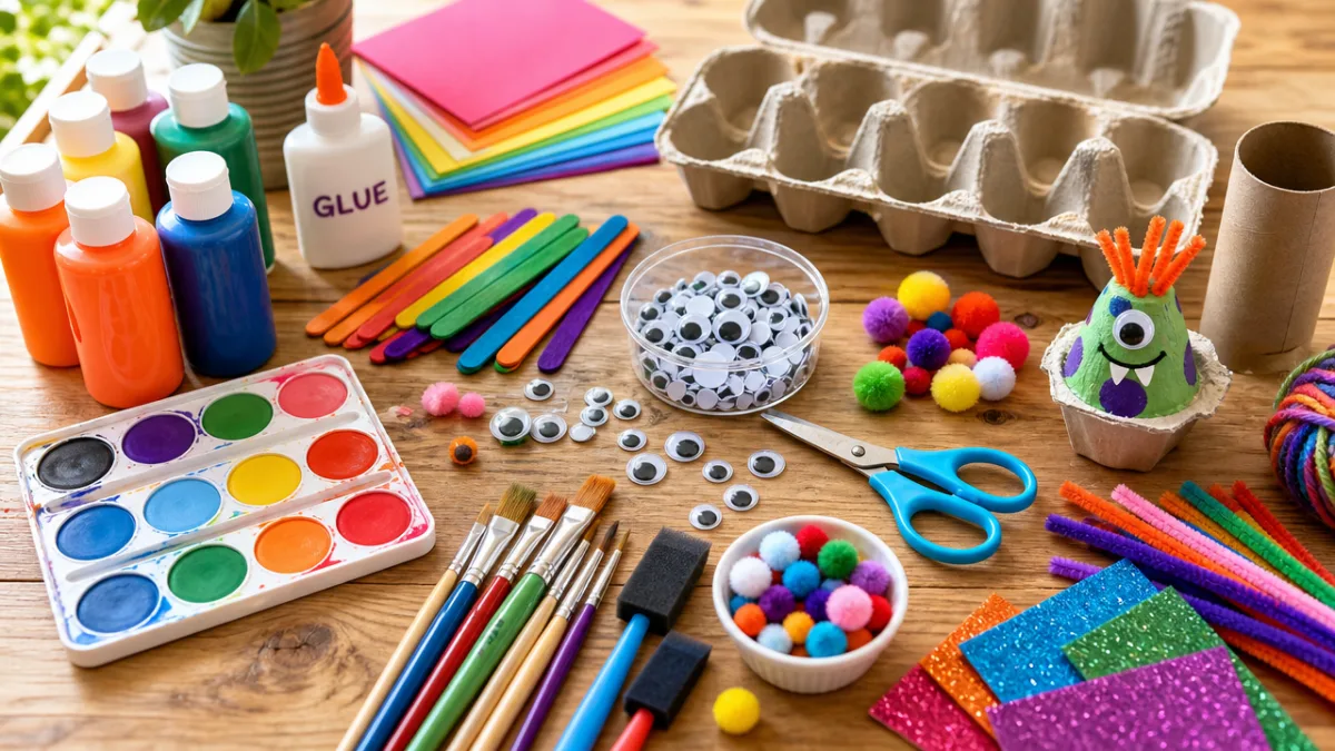 colorful craft supplies spread on a wooden table including paints, brushes, googly…