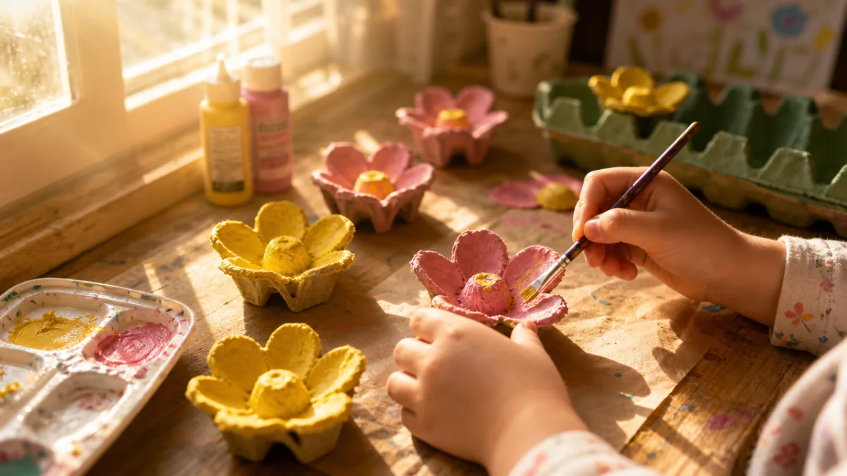 a child's hands painting small egg carton flower crafts in yellow and…